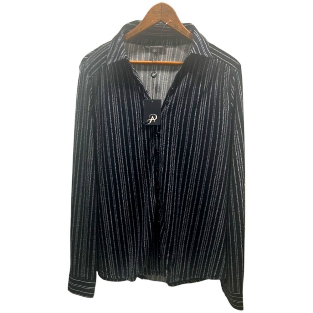 Adrianna Papell Blouse Medium Black Silver Striped Button Front NWT